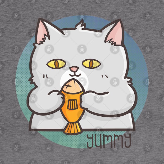 Funny Cute Fat Cat Holding a Fish by Jocularity Art